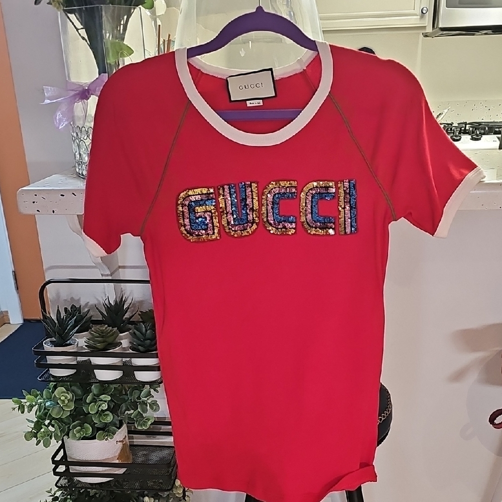 Gucci Red Tee with Multicolor Sequin Logo.
